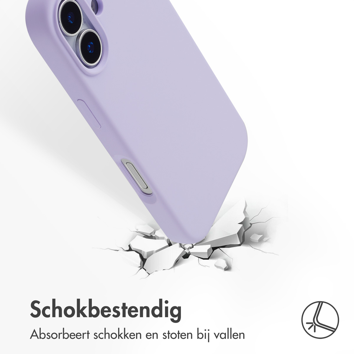 Een lichtpaarse telefoonhoes lijkt een oppervlak te breken. De hoes heeft een camera en een knop. De tekst hieronder zegt schokbestendig.