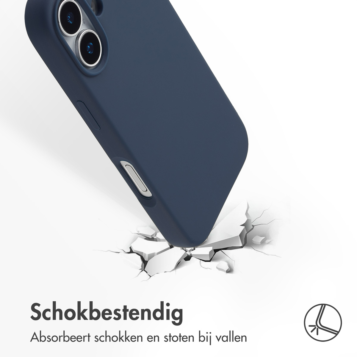 Een marineblauwe telefoonhoes breekt een wit oppervlak, de tekst hieronder luidt 'Schokbestendig' in het Nederlands. Hoesje heeft cameralenzen.