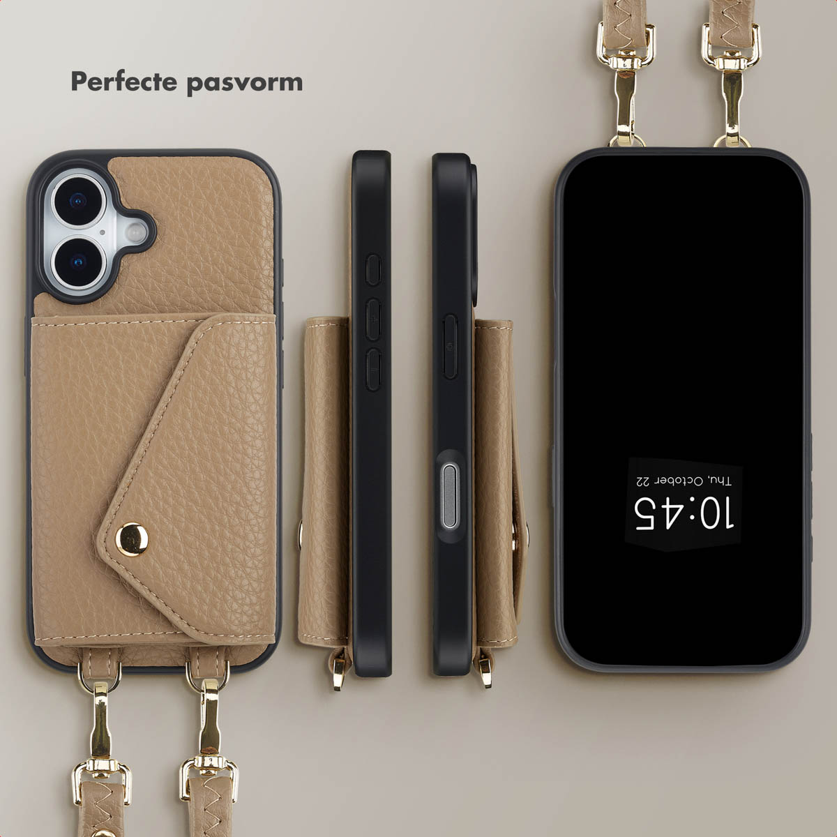 L'image montre trois téléphones dans des étuis avec des lanières. Les étuis sont en cuir beige. Un téléphone a un écran affichant la date et l'heure.