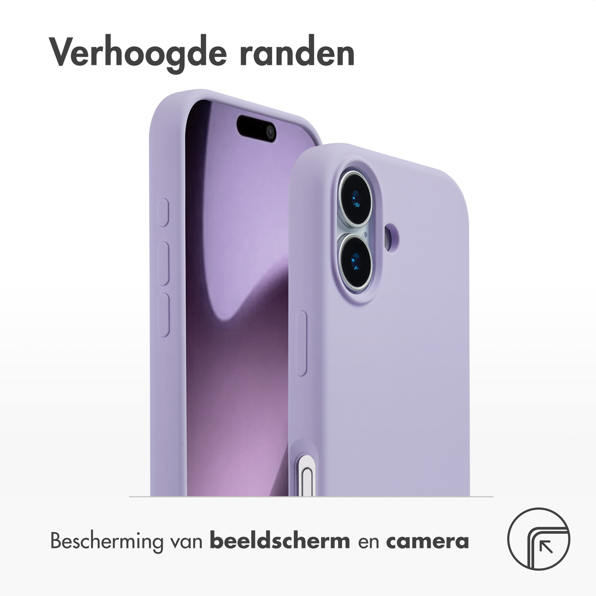 Twee lavendelkleurige telefoonhoesjes, één met scherm en de andere met cameralenzen. Tekst erboven zegt 'Verhoogde randen', eronder 'Scherm- en camerabescherming'.