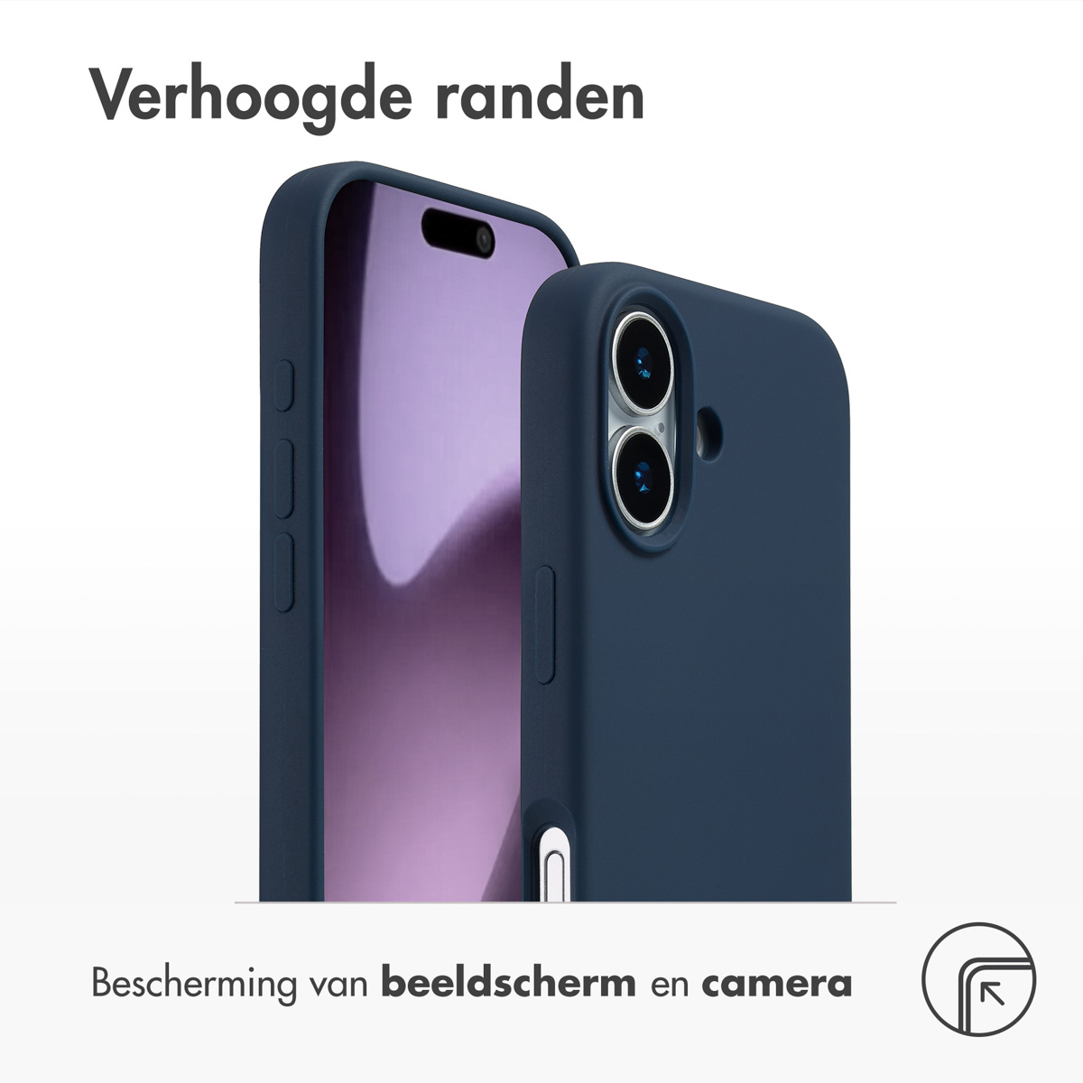 Twee donkerblauwe telefoonhoesjes, één met een telefoon erin. Tekst: 'Verhoogde randen' en 'Scherm- en camerabescherming'.