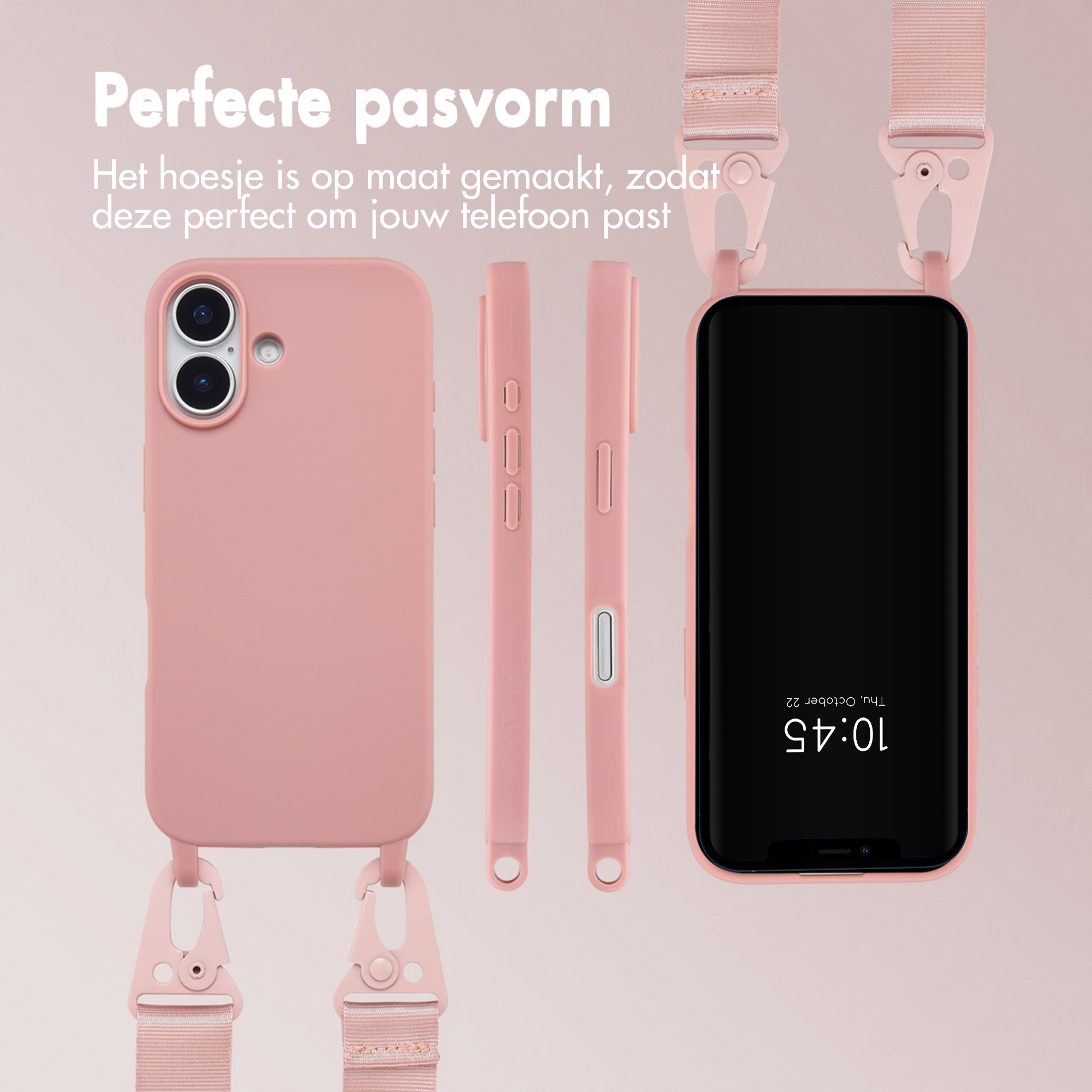 Coque de téléphone rose avec sangle, trois vues. Le téléphone affiche l'heure 10:45. La sangle est attachée à la coque.