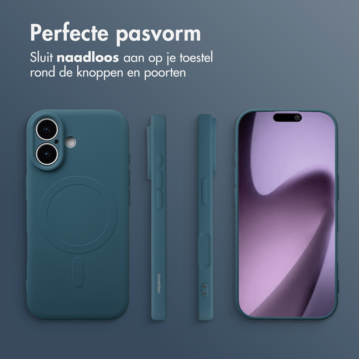 Afbeelding toont blauwe telefoonhoesjes, met een telefoonscherm en Nederlandse tekst over perfecte pasvorm.