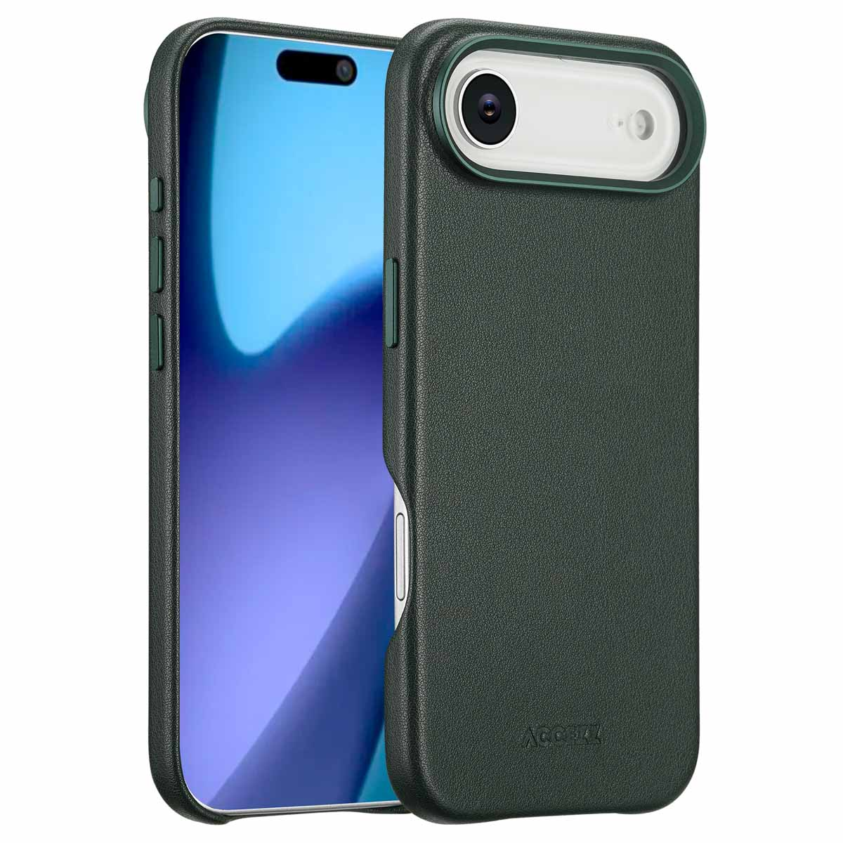 Twee donkergroene telefoonhoesjes. Eén is open en toont het scherm, de ander toont de achterkant met camera en logo.