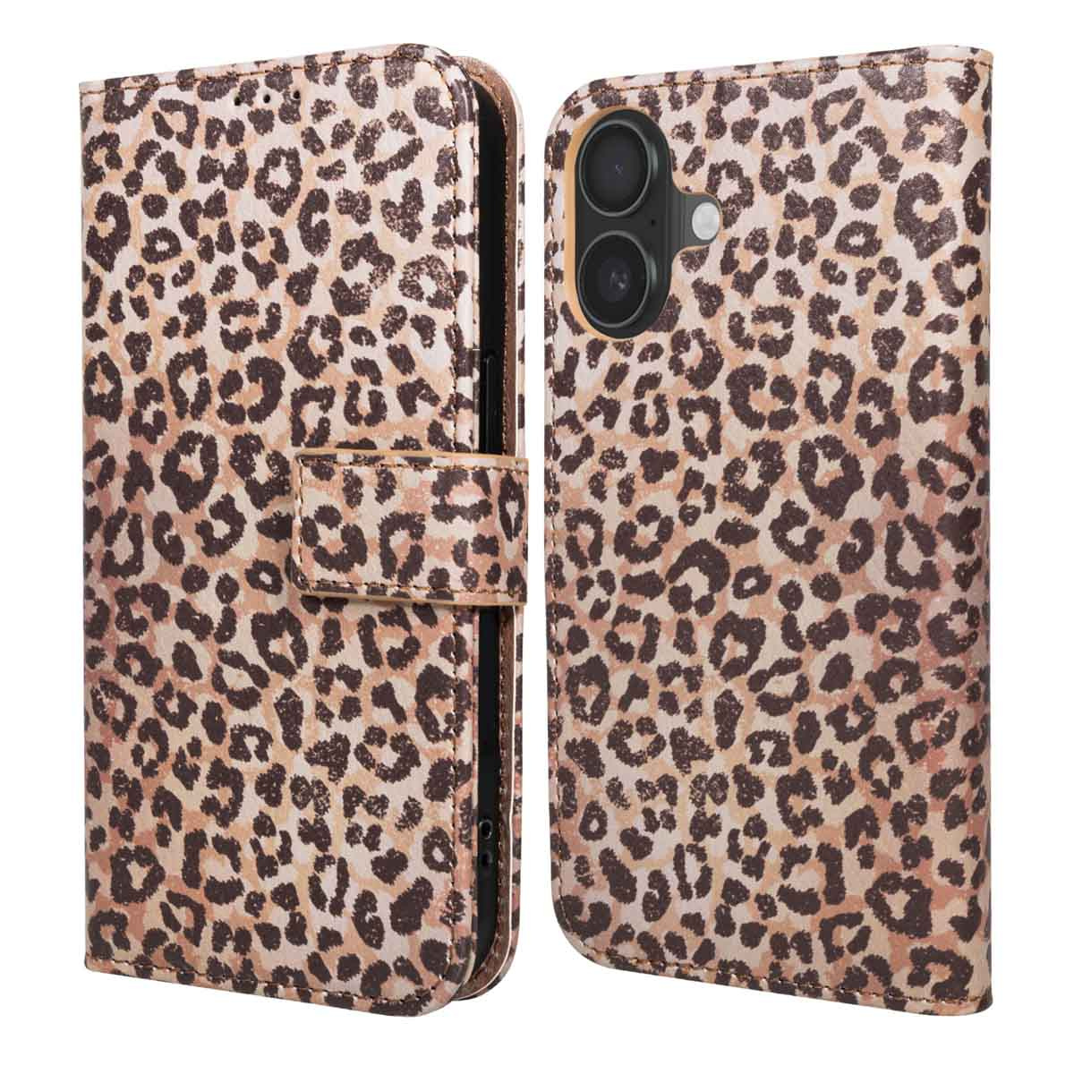 Un étui de téléphone à imprimé léopard est ouvert, montrant le téléphone. L'étui est beige avec des taches marron et possède une fermeture magnétique.