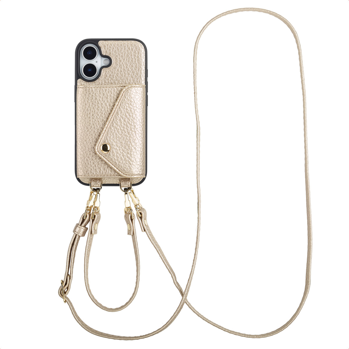 Een gouden telefoonhoesje met een riem. De hoes heeft een zakje en een knoopsluiting. De riem is lang en dun, de achtergrond is wit.