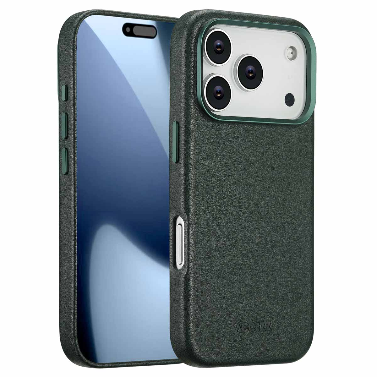Une coque de téléphone vert foncé avec protecteur d'écran. La coque a une découpe pour la caméra avec trois lentilles. La marque ACCEZZ est visible.