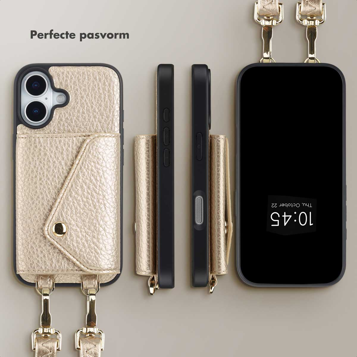Gouden telefoonhoesje met een zakje, drie zwarte telefoonhoesjes en een telefoon met een zwart scherm. Allemaal met riemen.
