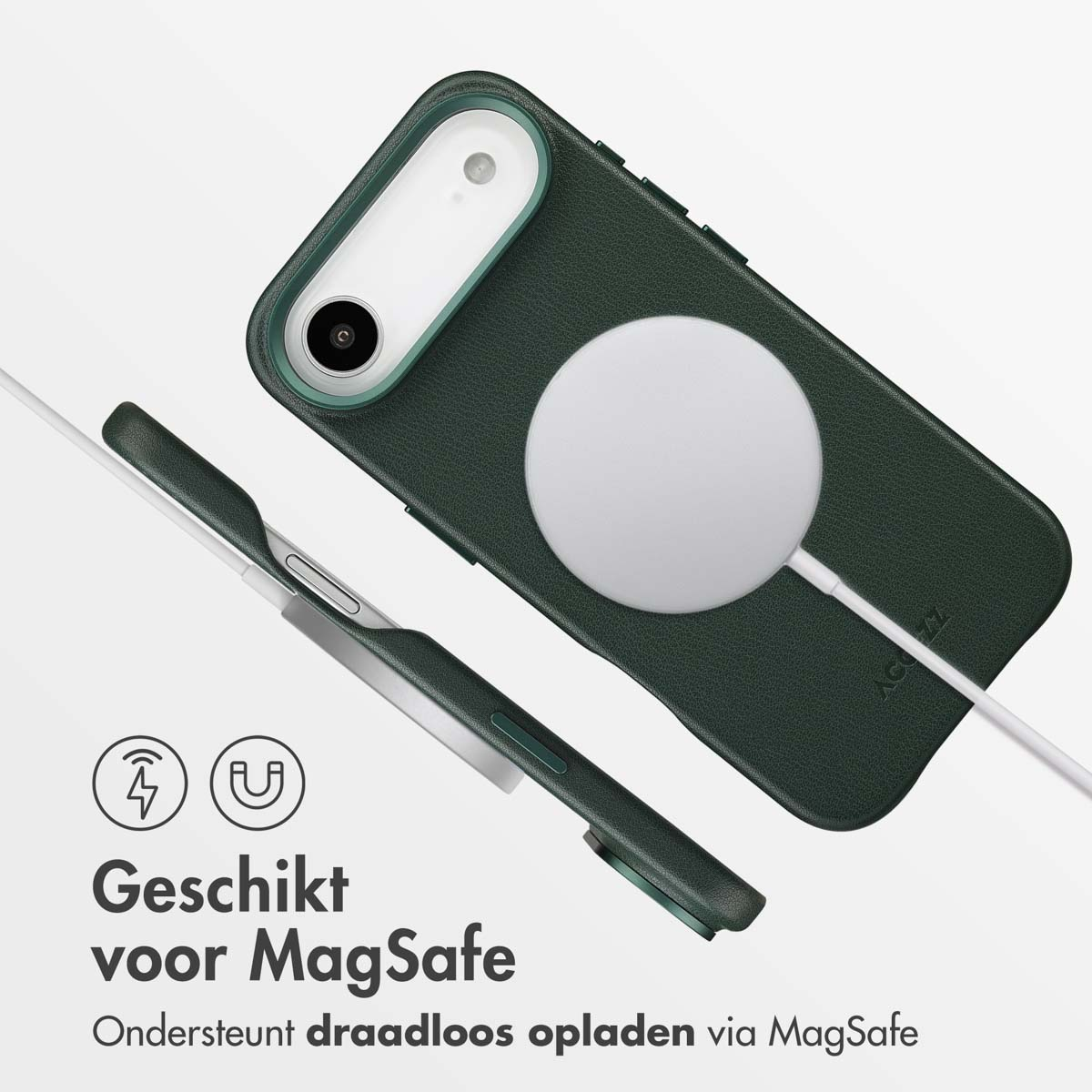 Groene telefoonhoes met witte MagSafe-lader. Tekst: 'Geschikt voor MagSafe' en ondersteunt draadloos opladen.
