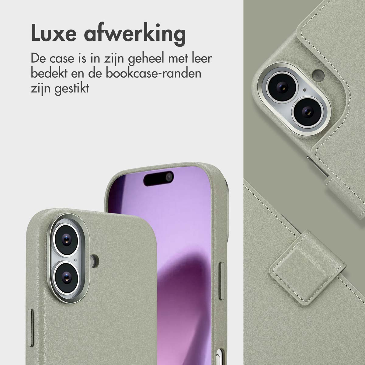 Close-up van een telefoonhoesje. De hoes is lichtgroen, gemaakt van leer en gestikt. De telefoon is zichtbaar met de camera.