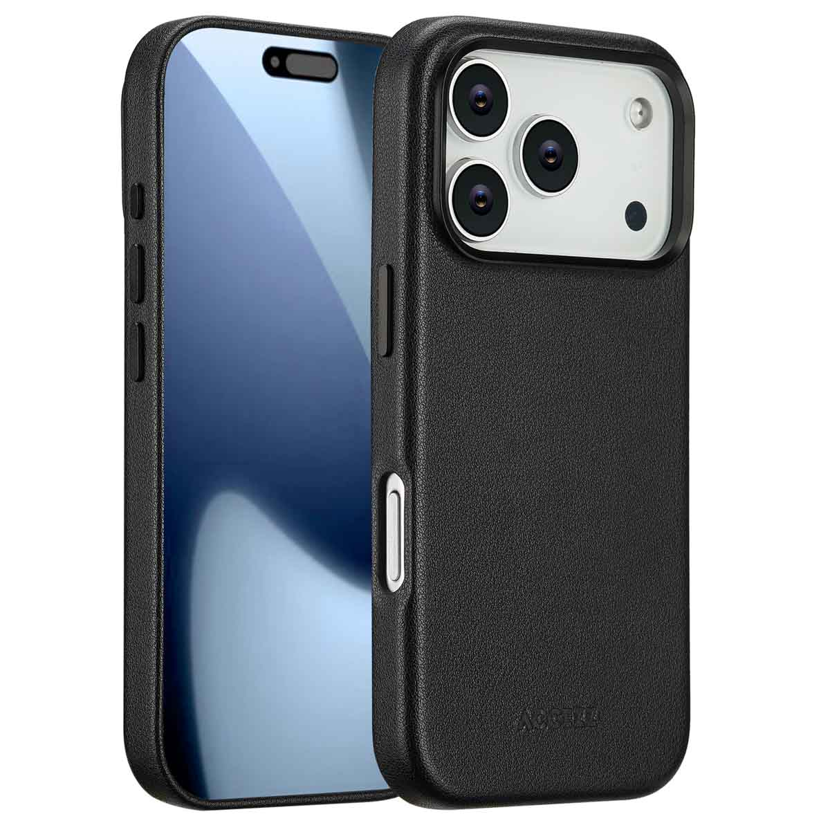Deux étuis de téléphone noirs. L'un montre l'écran, l'autre l'appareil photo. Les deux ont une texture cuir.