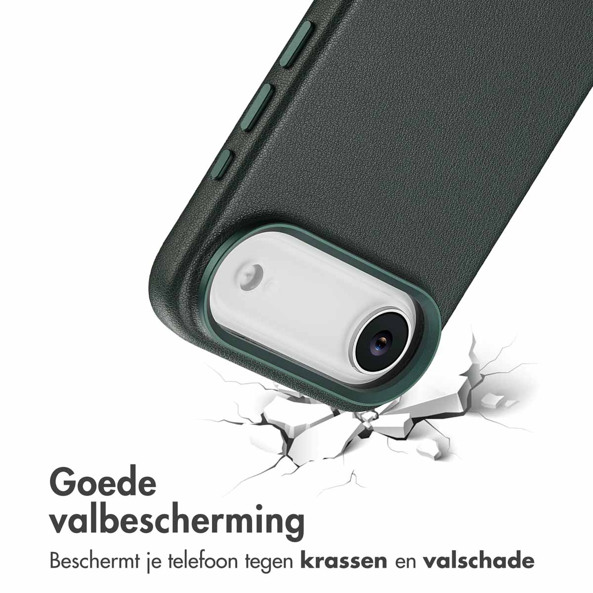 Een telefoon in een groene hoes valt, raakt de grond en breekt. De tekst zegt 'Goede valbescherming' en 'Beschermt je telefoon tegen krassen'.