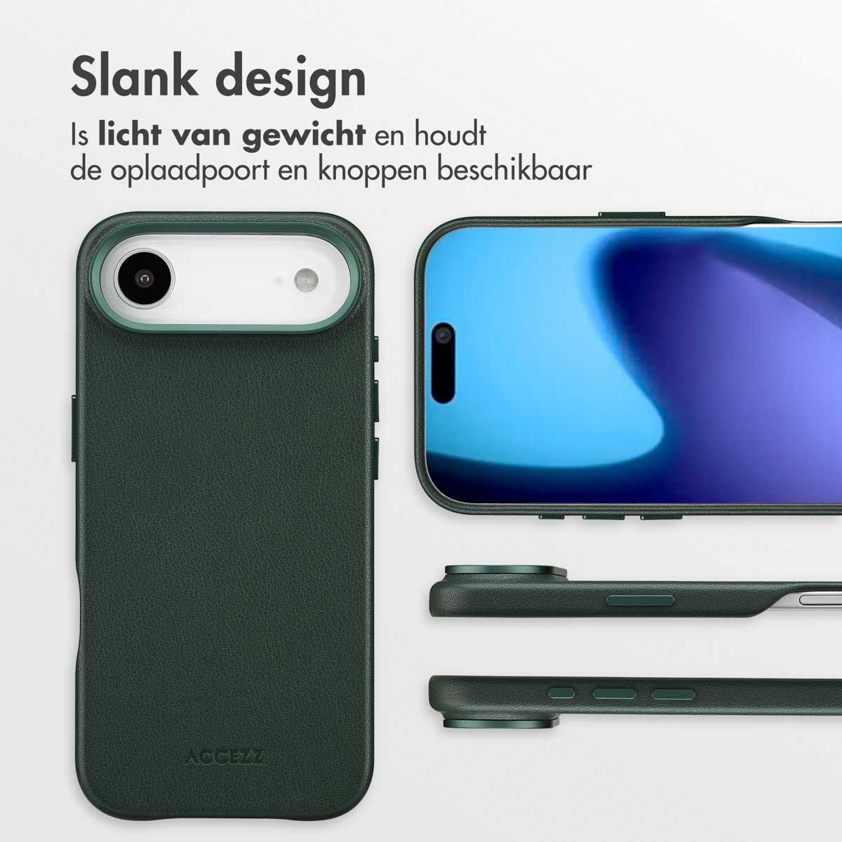 Groene telefoonhoes met een telefoon en details. De hoes heeft uitsparingen voor knoppen en een cameralensring. De achtergrond is wit.
