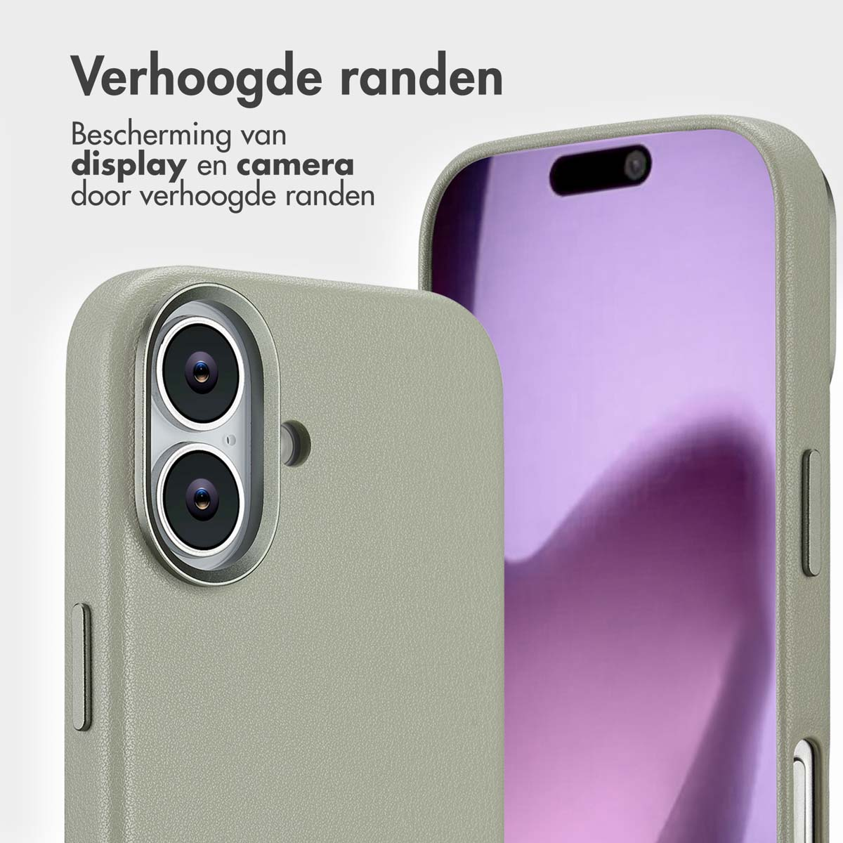 Close-up van een lichtgroene telefoonhoes. De hoes heeft verhoogde randen en beschermt het scherm en de camera.