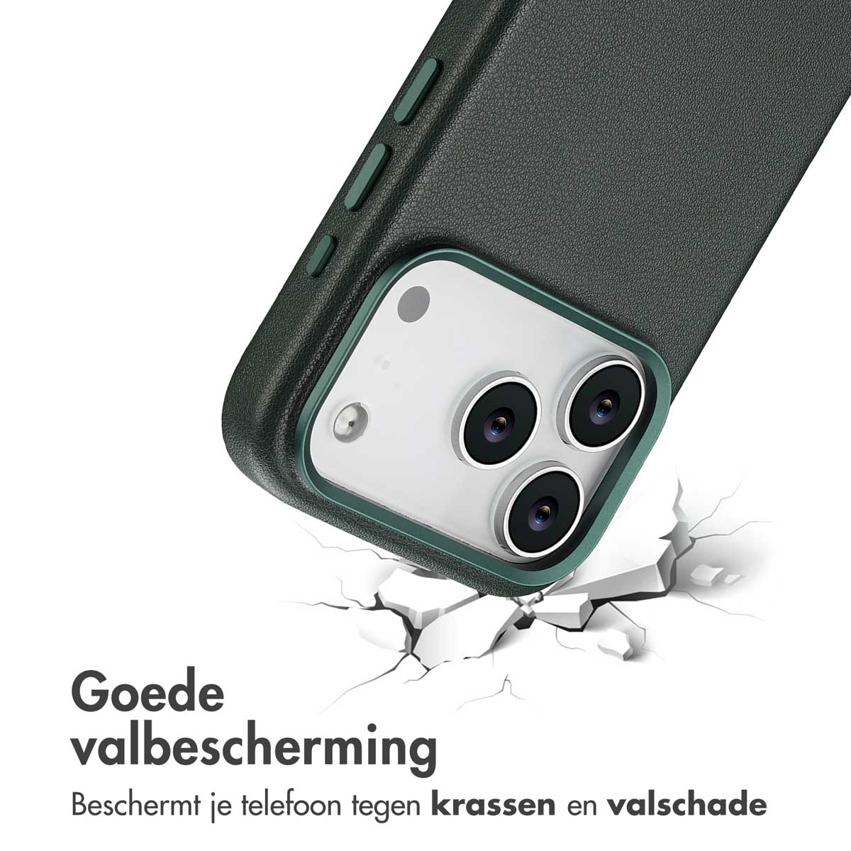Un téléphone avec une coque verte tombe, des fissures apparaissent en dessous. Le texte dit 'Bonne protection contre les chutes' et protège des rayures.