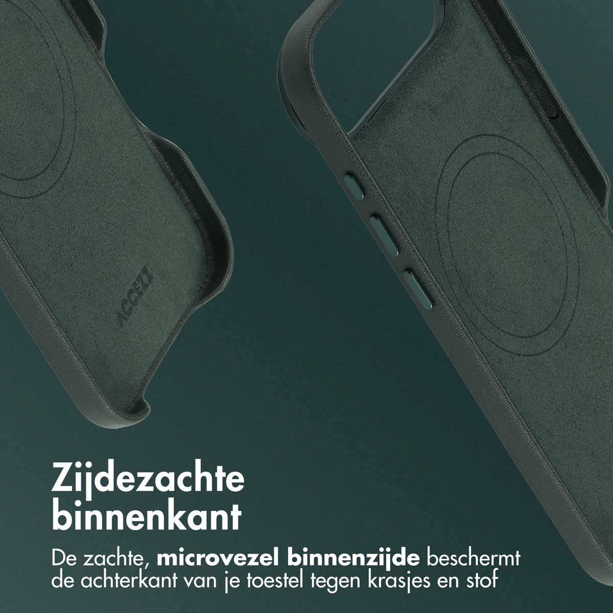 Close-up van twee donkergroene telefoonhoesjes. De binnenkant van één hoesje is zichtbaar, met een zachte microvezel voering.