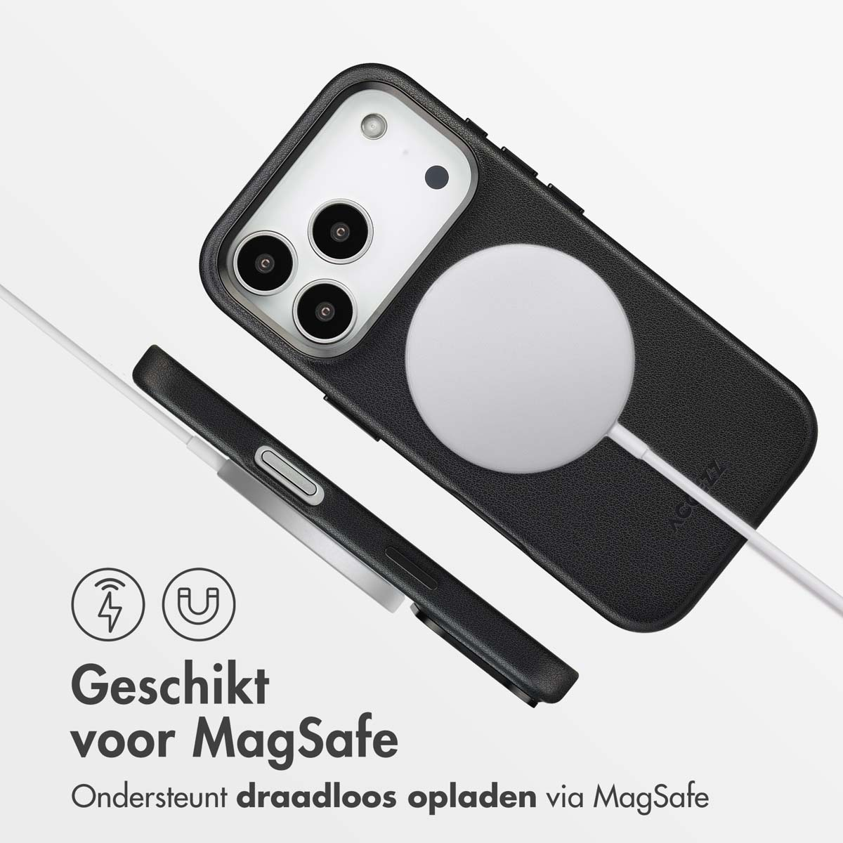 Téléphone noir avec chargeur MagSafe. Texte en bas : 'Convient pour MagSafe'. Câble blanc attaché au chargeur.