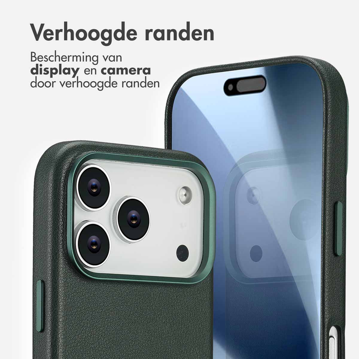 Deux coques de téléphone vertes sont présentées. L'une est mise au point, montrant la caméra. Le texte indique : 'Les bords surélevés protègent l'écran et l'appareil photo.'