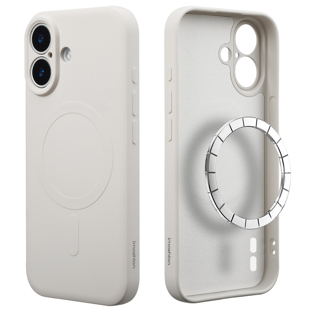 Twee telefoonhoesjes. Eén toont de buitenkant met camera en knoppen. De andere toont de binnenkant met een metalen ring.