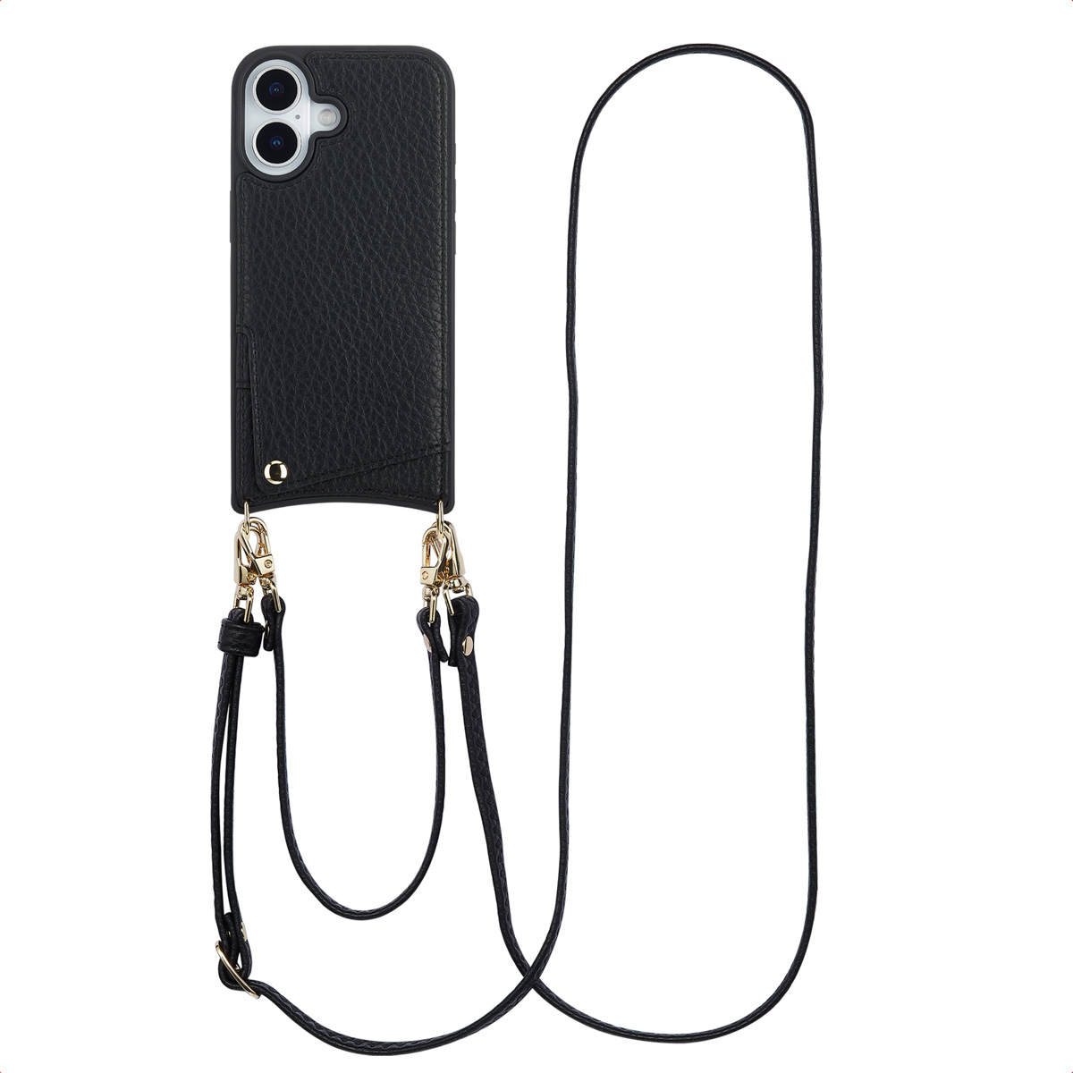 Zwarte telefoonhoes met een riem. De hoes heeft gouden sluitingen en een zwarte leren riem. Het staat op een witte achtergrond.
