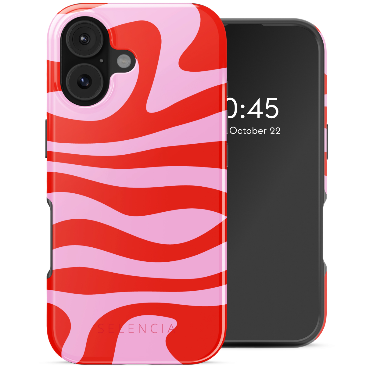 Een telefoon met een rood-roze wervelende hoes. Het scherm toont de tijd en datum. De hoes heeft de merknaam Selencia.