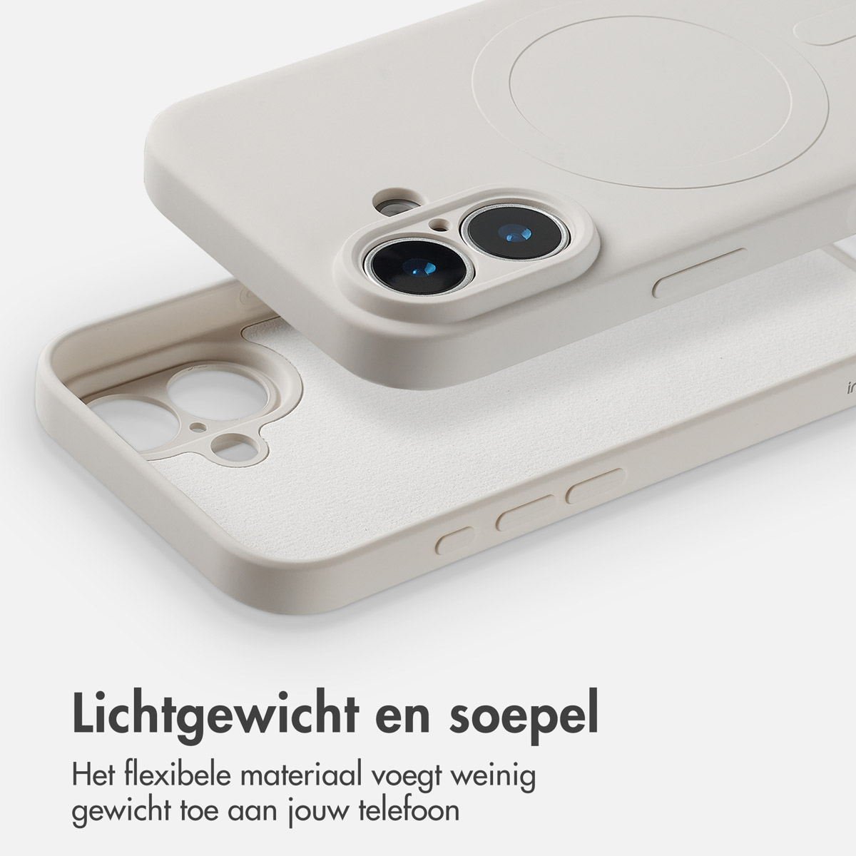 Twee lichtgrijze telefoonhoesjes, de ene boven de andere. Close-up toont camera-uitsparingen en knopdetails. Tekst onderaan zegt Lichtgewicht en soepel.