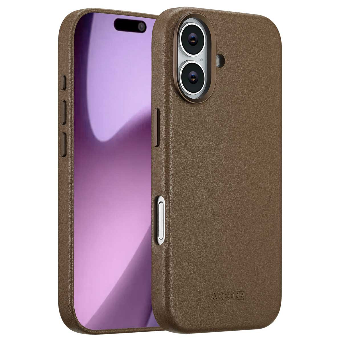 Een bruine telefoonhoes met een telefoon erin. Het telefoonscherm is paars. De hoes heeft camera gaten en knoppen.