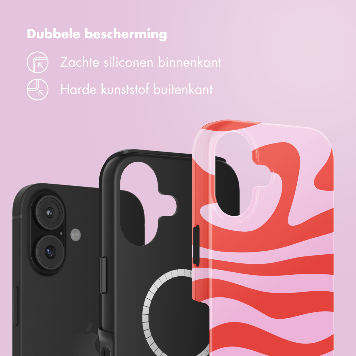Drie telefoonhoesjes: zwart, zwart met witte cirkel en rood/roze golfpatroon, op roze achtergrond met Nederlandse tekst.