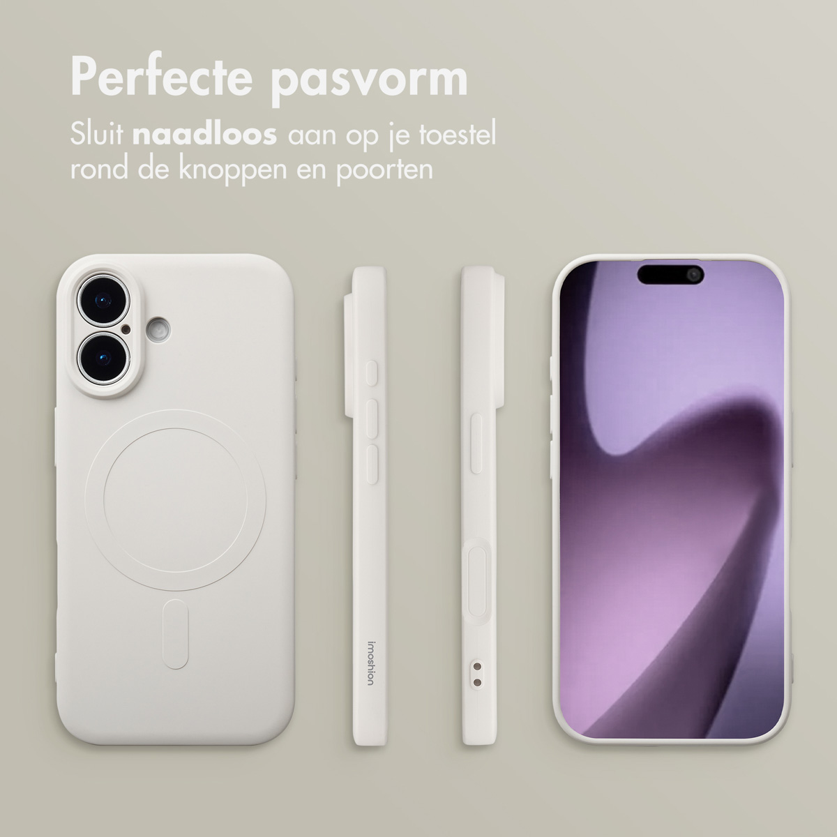 Afbeelding toont een witte telefoonhoes en een telefoon. De hoes wordt vanuit verschillende hoeken getoond. Het scherm toont een vage paarse afbeelding.