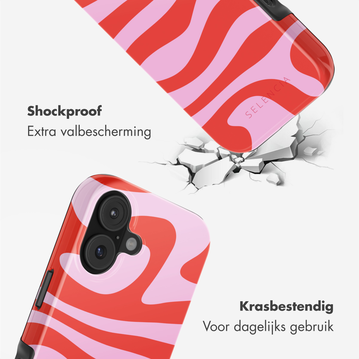 Afbeelding toont twee telefoonhoesjes met rode en roze golfpatronen. Eén hoesje breekt de grond. Tekst zegt 'Schokbestendig' en 'Krasbestendig'.