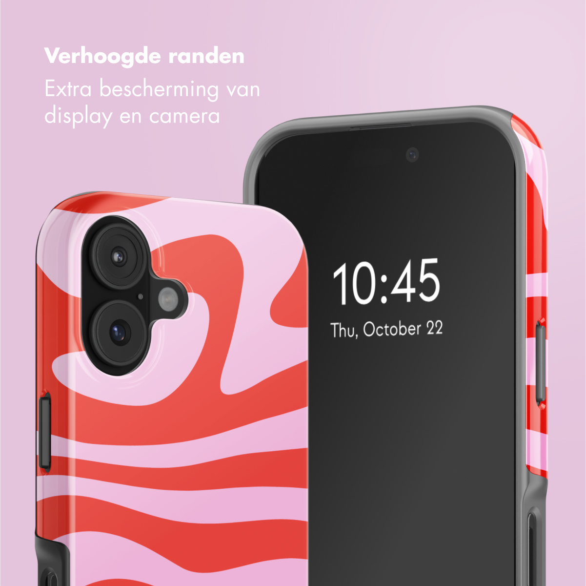 Een telefoon met een rood-roze wervelende hoes. Het scherm geeft 10:45, donderdag 22 oktober weer. De hoes heeft verhoogde randen.