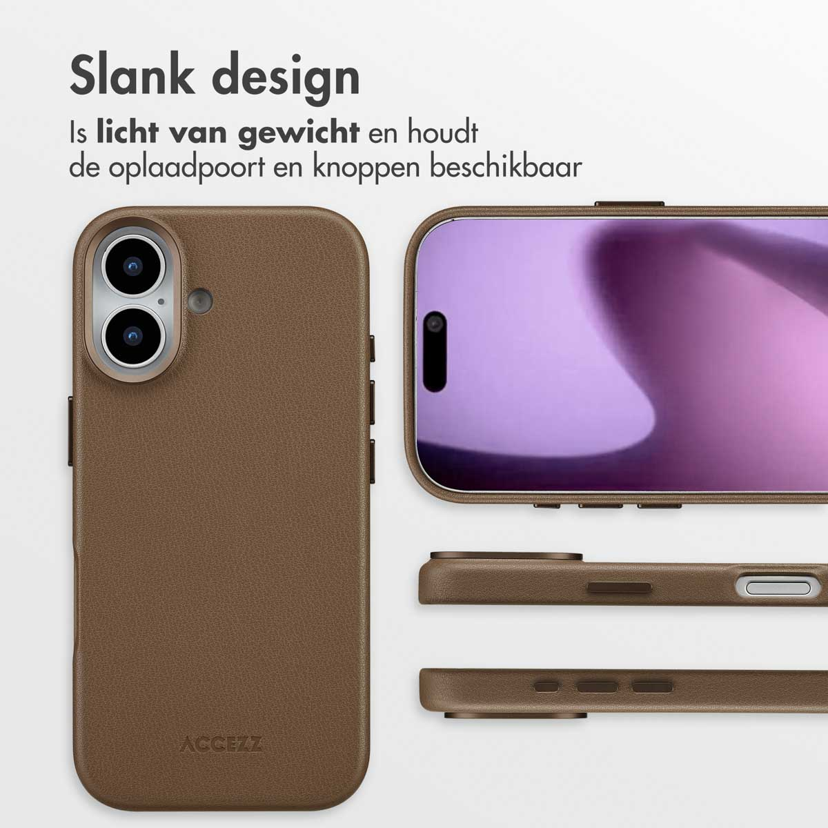 Een bruine telefoonhoes met de telefoon erin. Nederlandse teksten zeggen dat het licht is en de oplaadpoort en knoppen beschikbaar houdt.