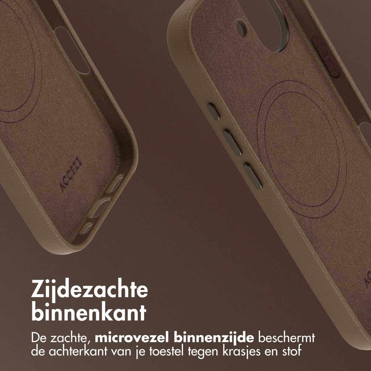 Close-up van de binnenkant van een telefoonhoesje. Bruine microvezel binnenin een kaki hoesje. De tekst luidt: 'Zachte binnenkant'. Focus op de zachte microvezel.