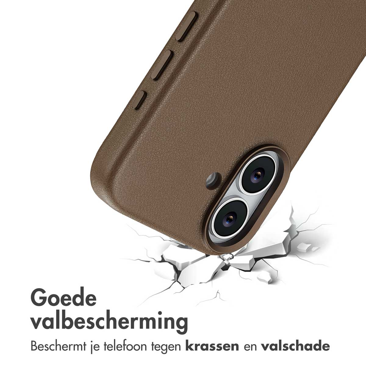 Een bruine telefoonhoes valt en barst de grond eronder. Tekst promoot goede valbescherming.