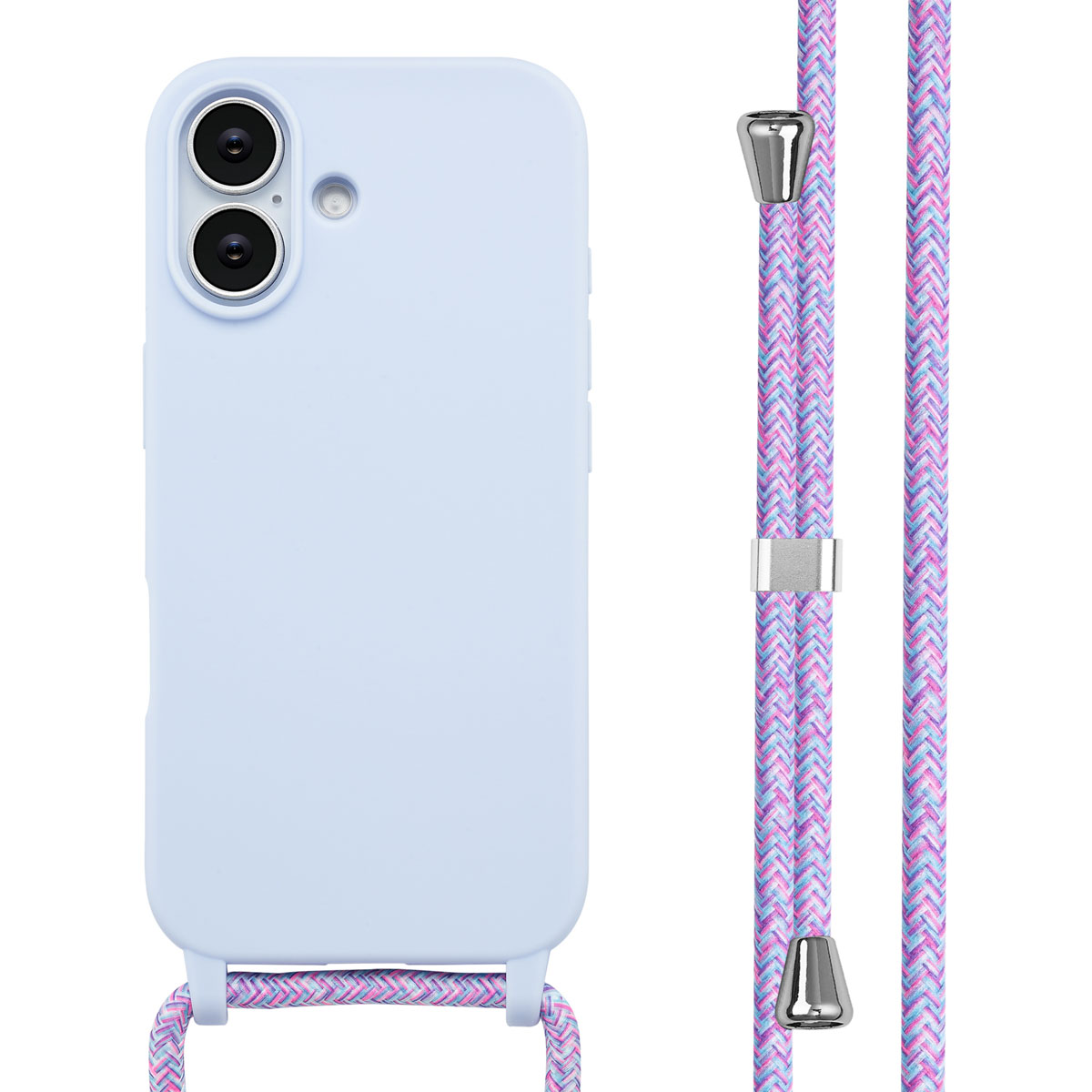 Una custodia per telefono azzurra con un cordino intrecciato rosa, viola e blu. La custodia ha una fotocamera e un flash.