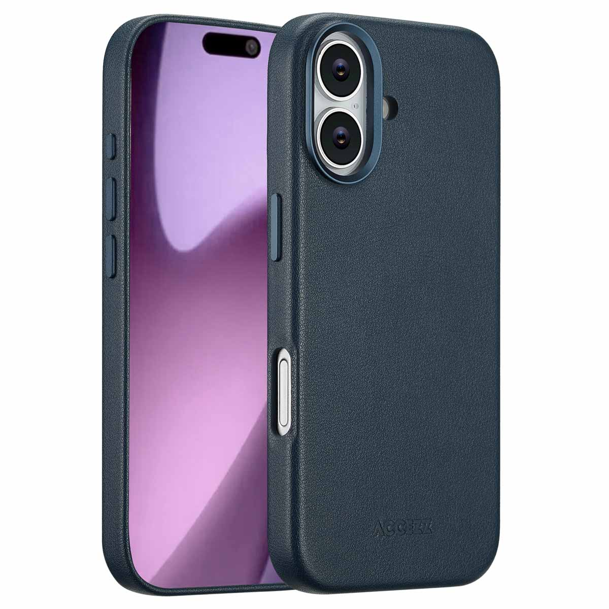 Twee blauwe telefoonhoesjes naast elkaar. Eén toont het scherm met een paarse achtergrond en de andere de achterkant met camera's.