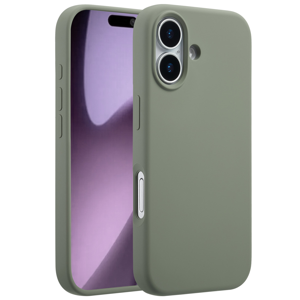 Een groene telefoonhoes bedekt een smartphone. Het scherm van de telefoon is gedeeltelijk zichtbaar. De hoes heeft uitsparingen voor knoppen en cameragaten.