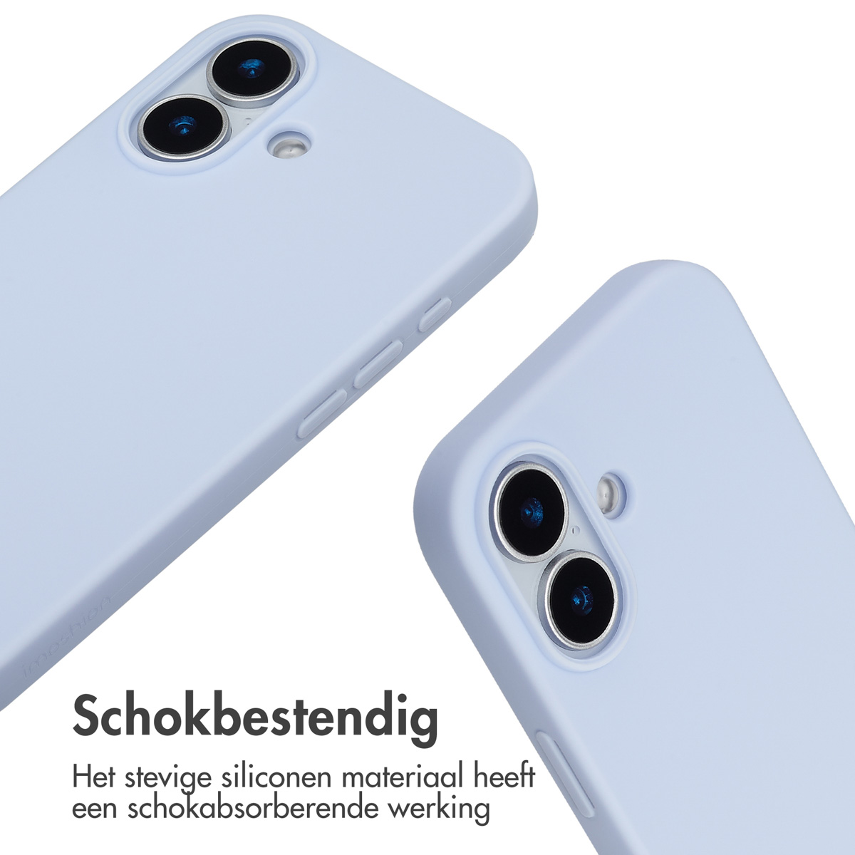 Vengono mostrate due custodie per telefono azzurre. Una è angolata, che mostra i dettagli della fotocamera e i pulsanti. Sfondo bianco.