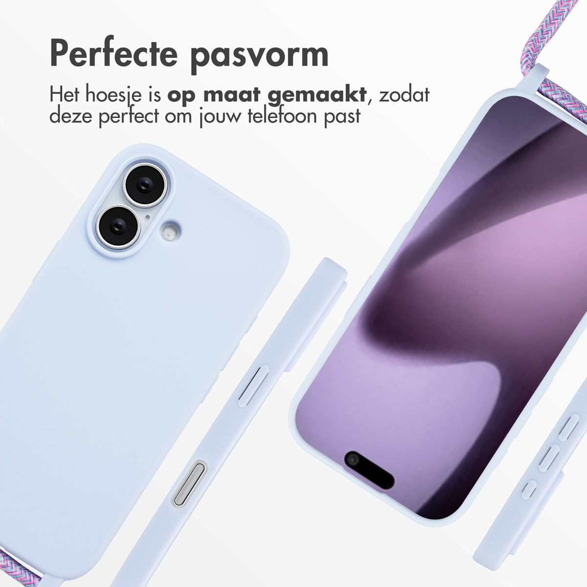 Una custodia per telefono azzurra e un telefono sono visualizzati, con un cinturino. Il testo recita 'Vestibilità perfetta'. Lo schermo del telefono riflette una tonalità viola.