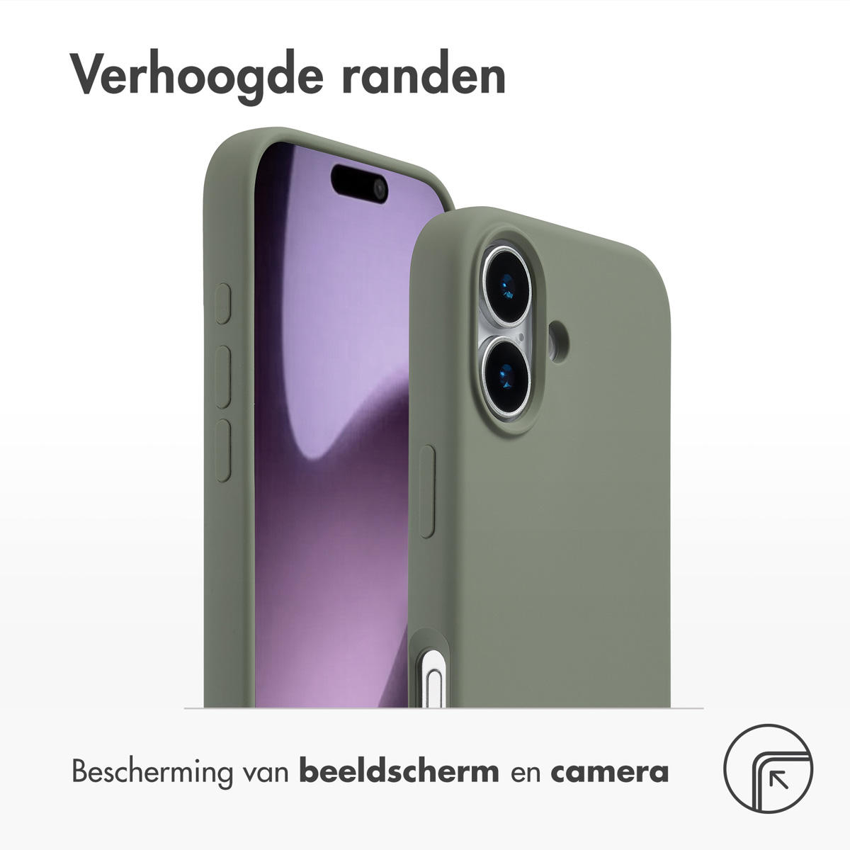 Twee groene telefoonhoesjes tonen scherm- en camerabescherming. De tekst luidt 'Verhoogde randen' en 'Bescherming van beeldscherm en camera'.