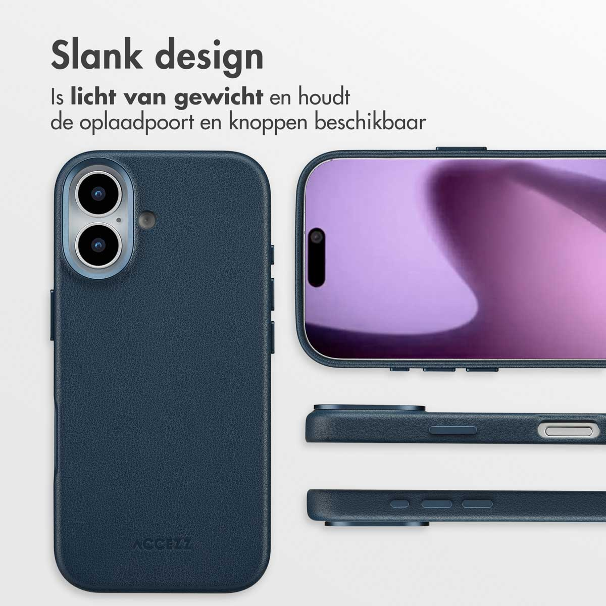 Afbeelding toont een telefoonhoesje en telefoon met tekst 'Slank design'. Blauwe hoes met knoppen en camera, telefoon erin.
