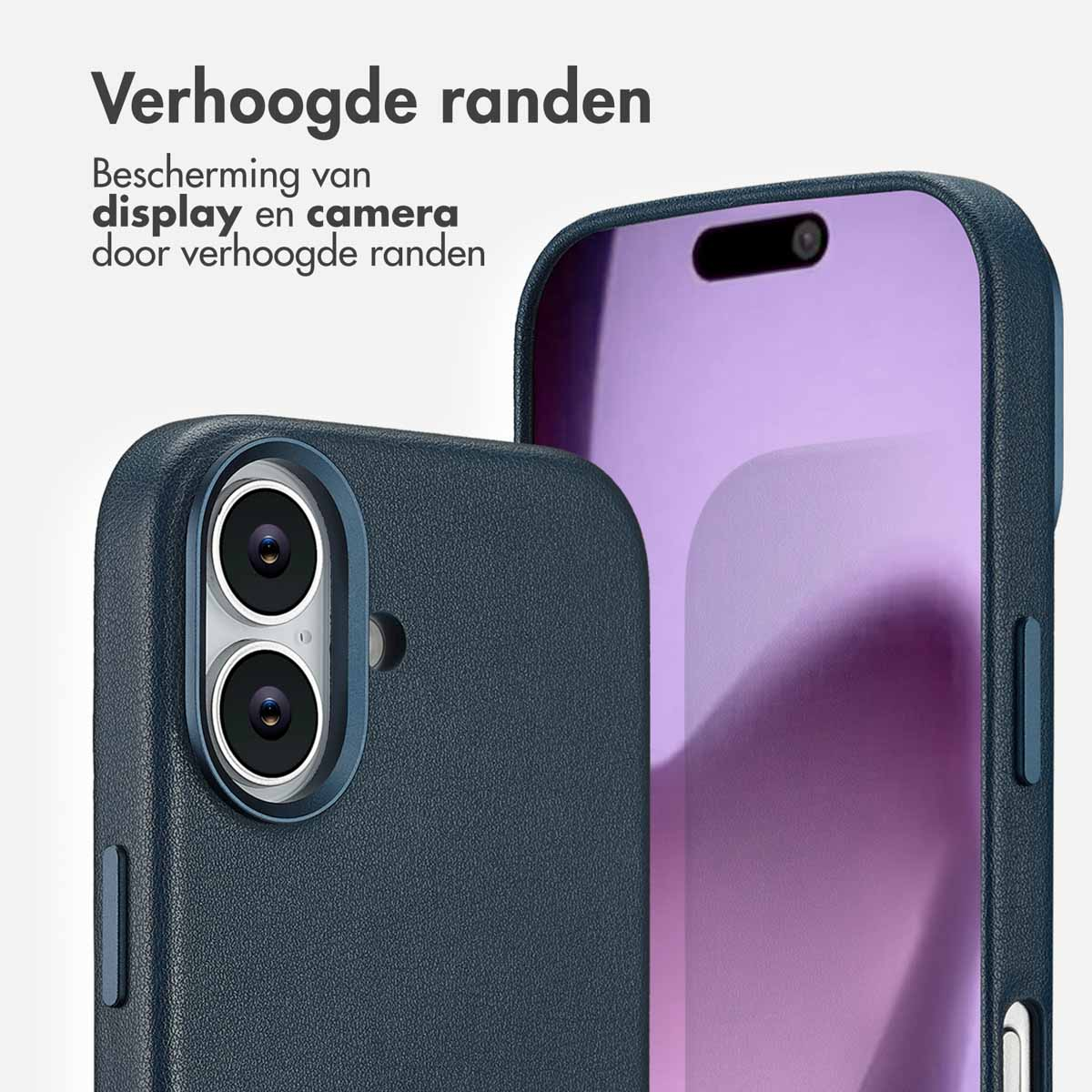 Afbeelding toont een close-up van twee donkerblauwe telefoonhoesjes met verhoogde randen. De tekst bovenaan luidt 'Verhoogde randen'.