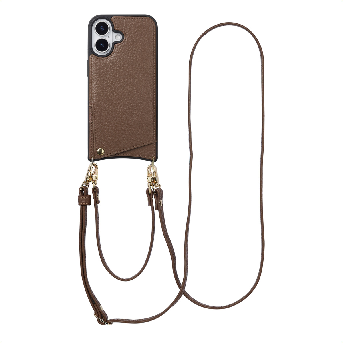 Bruine telefoonhoes met een riem. De hoes heeft een leertextuur. Gouden sluitingen en een bruine riem hangen eronder.