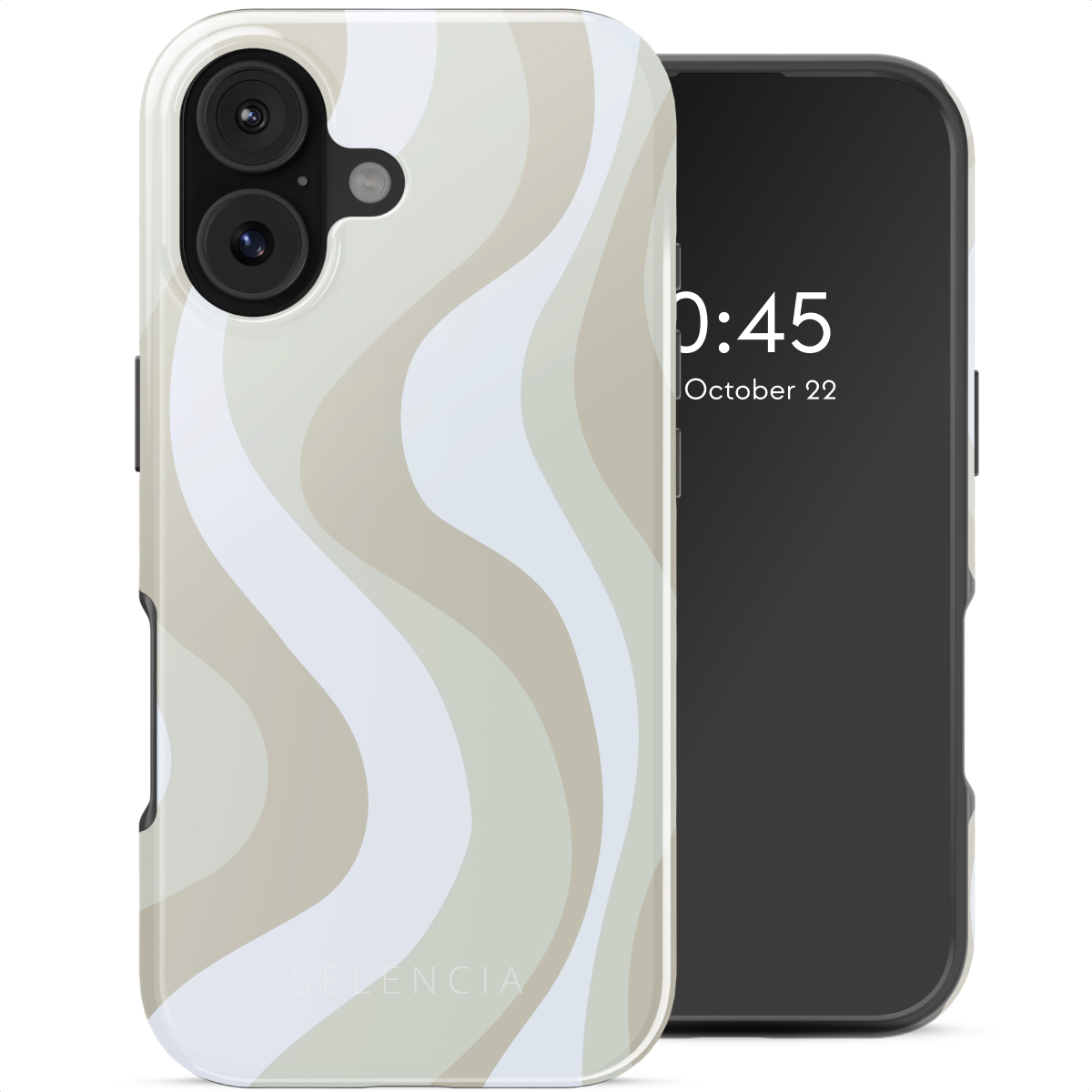 Een telefoon met een golfpatroonhoesje. Het scherm toont 0:45, 22 oktober. De hoes is wit, beige en grijs.