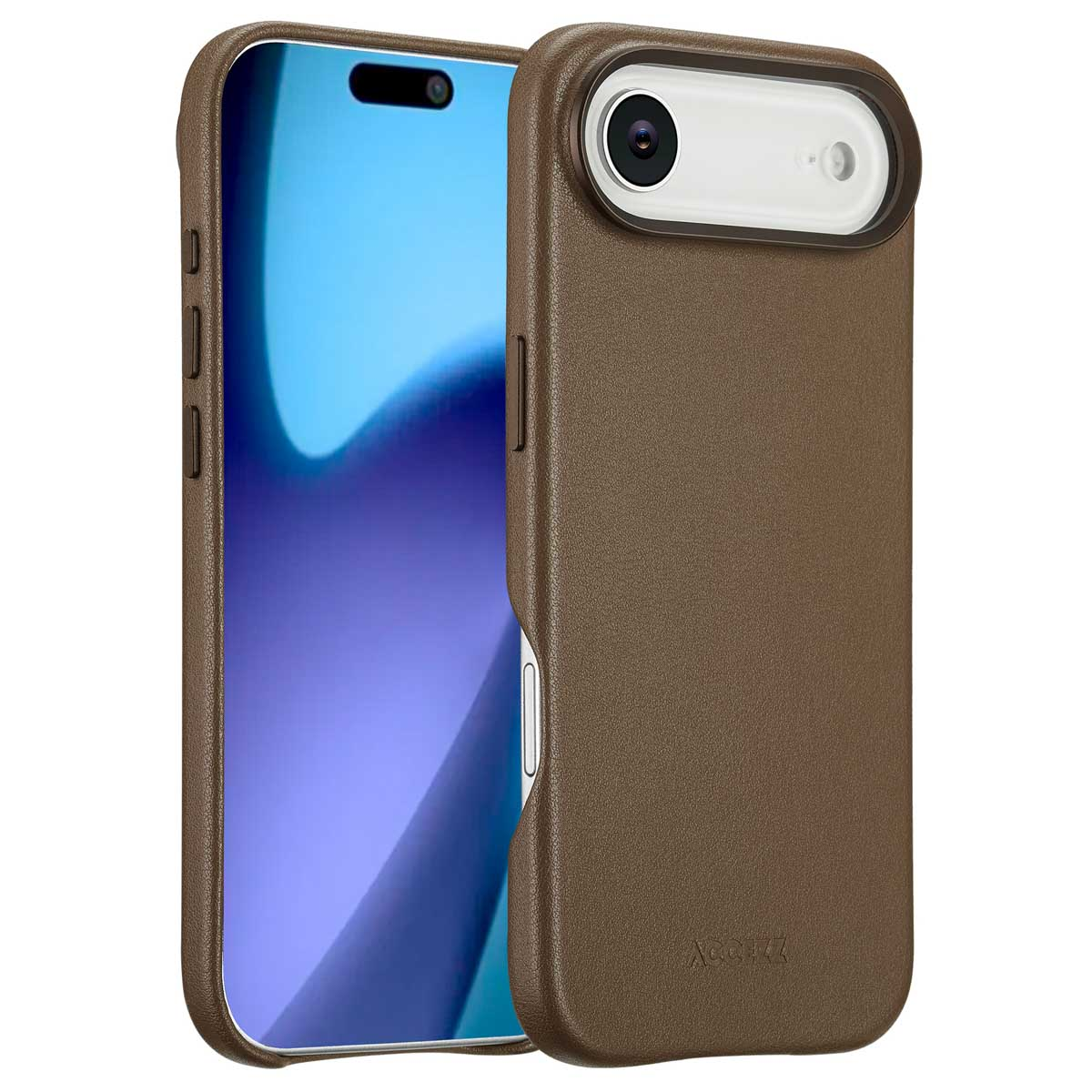 Twee bruine telefoonhoesjes, één links met scherm, de andere rechts met camera. Witte achtergrond.