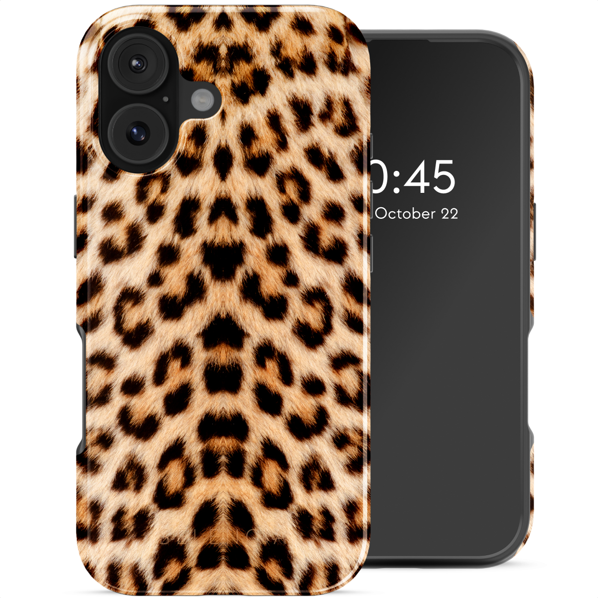 Telefoon met luipaardprint hoesje, zwart scherm met tijd en datum. De hoes is bruin en zwart. Witte achtergrond.