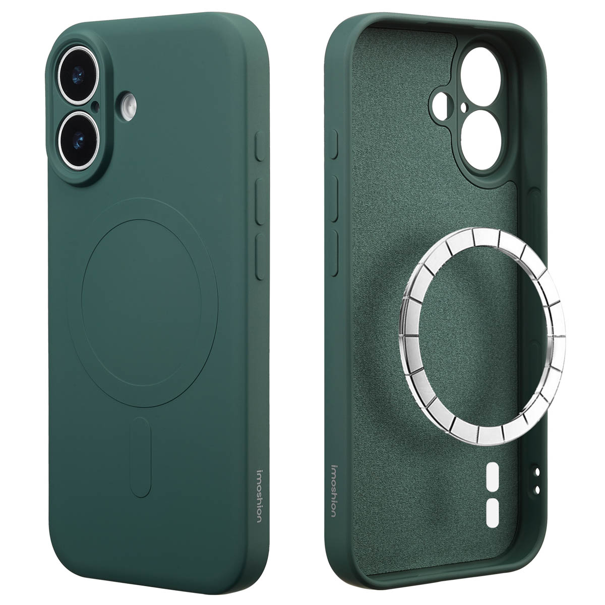 Set van twee telefoonhoesjes. Eén hoesje is gesloten, donkergroen. De andere toont de binnenkant en een zilveren ring.