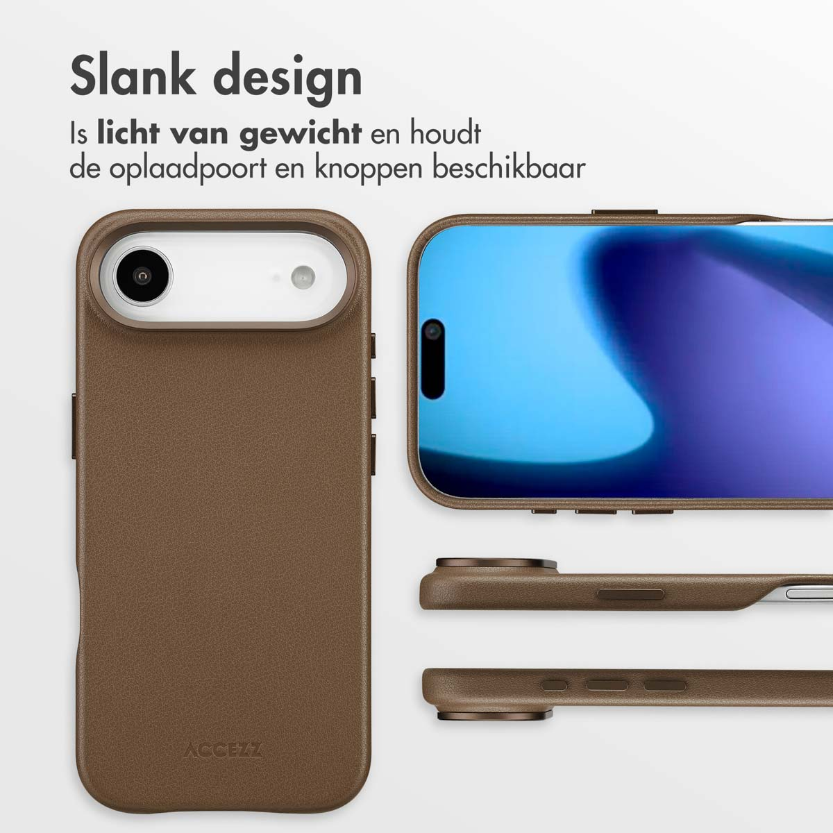 Een bruine telefoonhoes met een telefoon erin. De hoes heeft een camera-uitsparing en knoptoegang. Het scherm toont een blauwe achtergrond.
