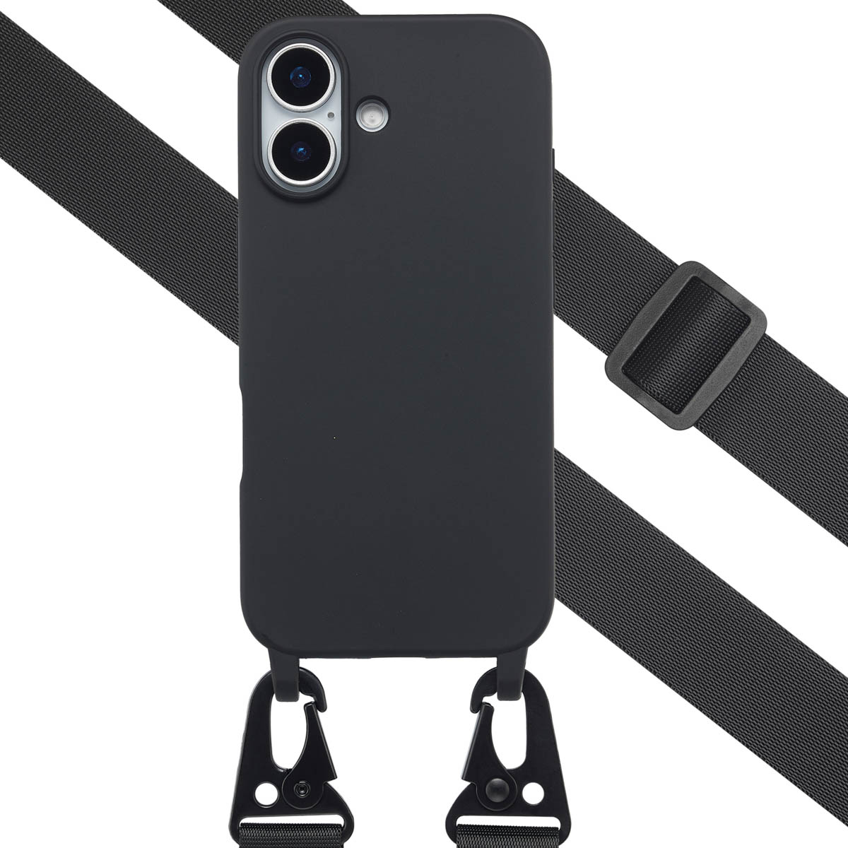 Coque de téléphone noire avec sangle. Le téléphone a deux caméras. Une sangle noire est fixée à la coque avec des mousquetons.