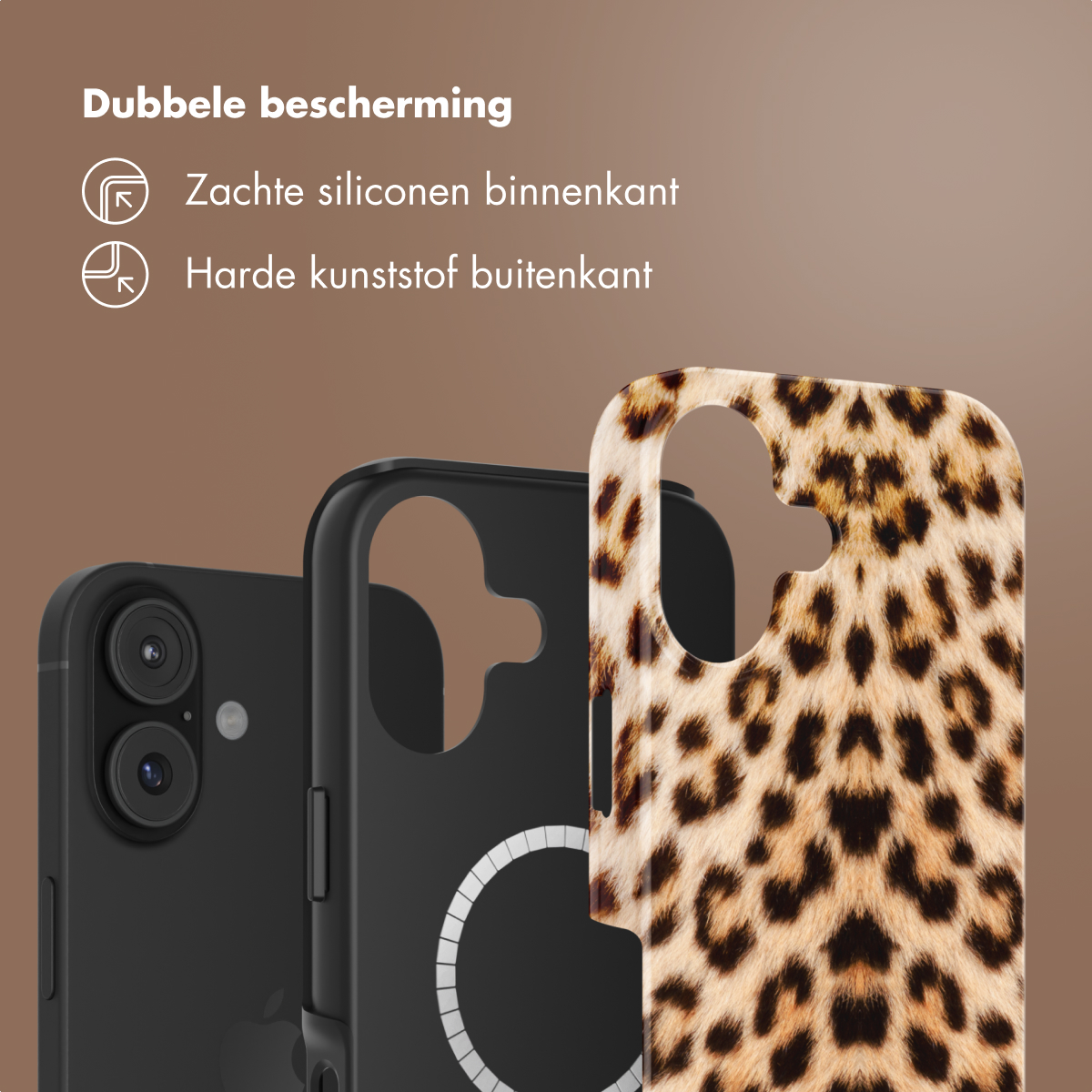 Afbeelding toont een zwarte telefoon met beschermhoezen. Eén hoes heeft een luipaardprint. Tekst zegt dubbele bescherming, zachte siliconen binnenkant, hard plastic buitenkant.